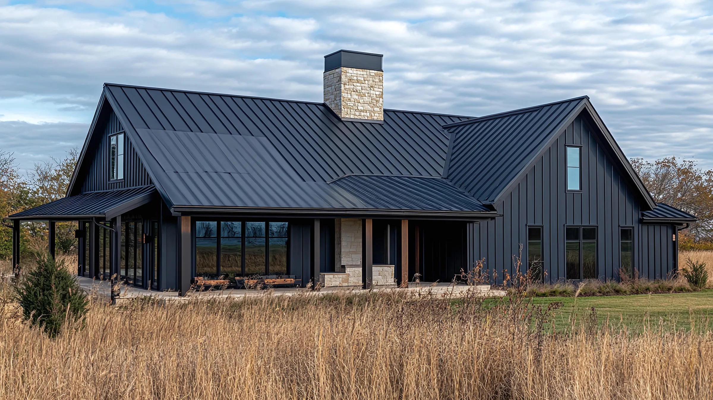 Black metal barndominium with standing-seam roof and stone chimney in an open field